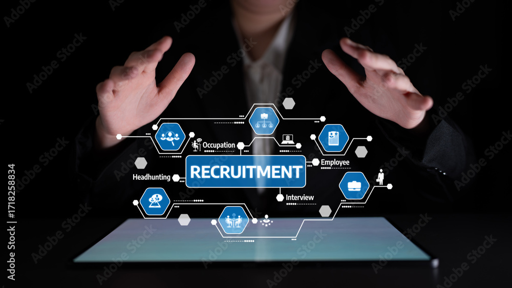 Poster a modern representation of recruitment strategies with hands gesturing over a digital interface. thi
