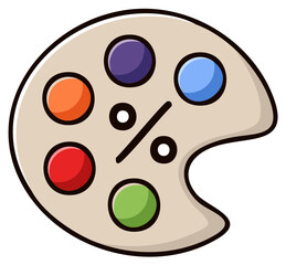 Cartoon illustration of an artist's palette with colorful paint blobs and a percentage symbol