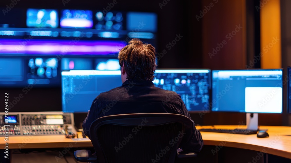 Poster man working at a computer in a modern editing suite with multiple screens showcasing digital content