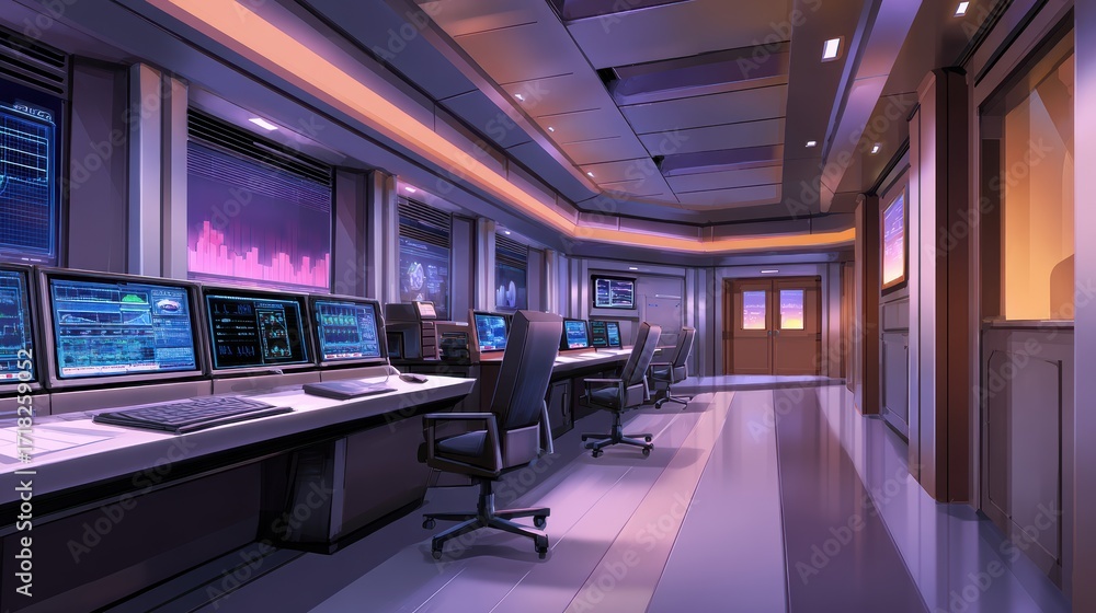 Poster modern control room with multiple screens displaying data and graphs during a sunset background