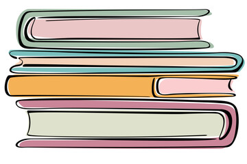 Stack of Books. Black Outline, Colorful, Transparent Background