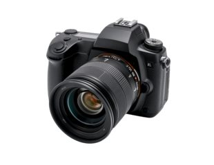 Black dslr camera with lens isolated on transparent background