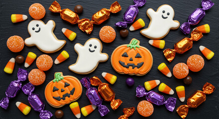 Obraz premium Halloween Candy Flat Lay: Festive Treats and Spooky Sweets for Trick or Treat