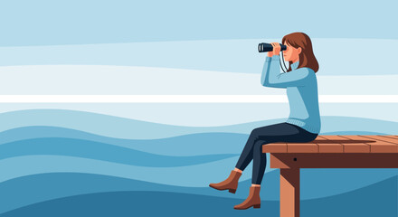 Fototapeta premium Woman Observing The Vast Horizon Through Binoculars On A Wooden Pier