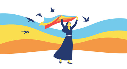 Woman Celebrates Freedom With Symbol, Supported By Birds, Embracing Hopeful Skies Concept