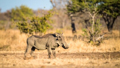African Warthog in Savanna Landscape.