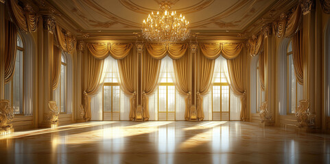 Obraz premium Luxurious ballroom with golden decor, elegant curtains, and chandelier, high resolution photo