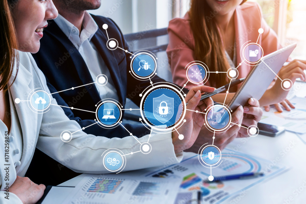 Poster a dynamic business team engages with technology while discussing digital solutions, emphasizing inno