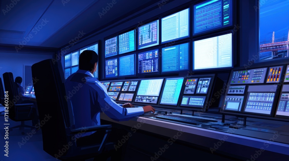 Poster a technician monitors multiple screens in a high-tech control room, ensuring smooth operations at ni