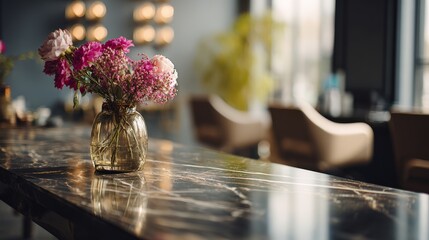 Polished table surface in beauty salon spa environment. Blurred interior background