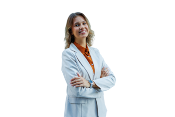 Confident businesswoman smiling with arms crossed, portraying professionalism and success on transparent background