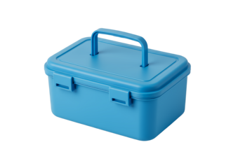 A blue plastic storage box with a handle and latches, isolated on transparent background