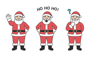 Santa Claus character set with waving hand, laughing and thinking pose, traditional red costume with beard, hat, belt and boots, festive Christmas mascot for holiday design. Flat vector illustration