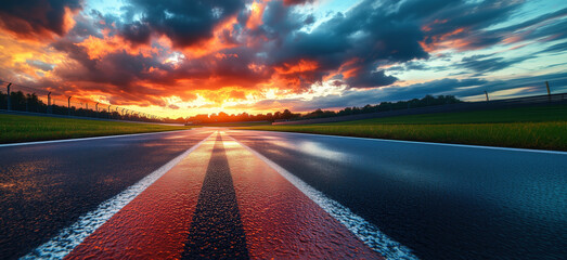 Obraz premium Stunning sunset over racetrack with vibrant clouds and wet asphalt surface, clean background photo