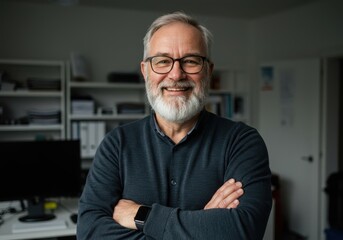 Smiling mature man with gray beard and glasses wearing a dark shirt with arms crossed in a well lit workspace