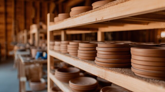 Shelves filled with freshly crafted pottery in a rustic workshop, showcasing artisanship and creativity