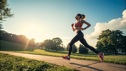 Athletic woman jogging in nature during summer.