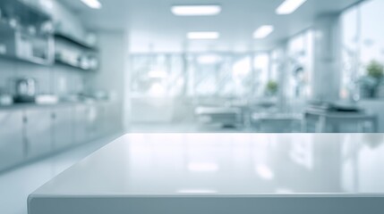 White table surface with blurred modern medical clinic background