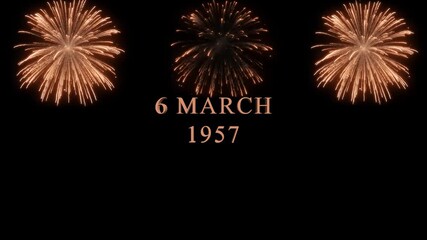 A vibrant fireworks display illuminates the night sky, commemorating the date of 6 march 1957, a significant milestone celebrated with joy and excitement.