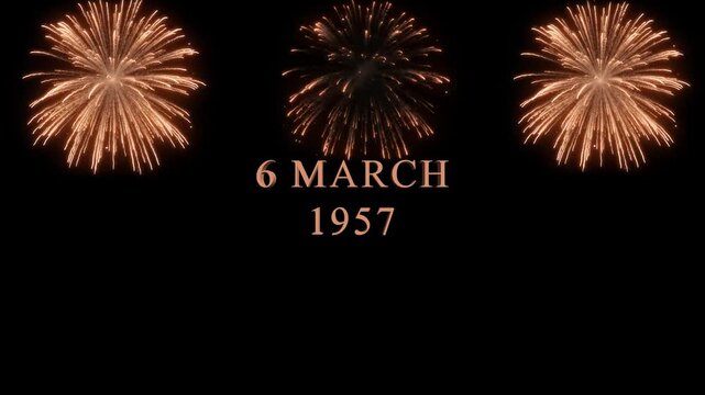 A vibrant fireworks display illuminates the night sky, commemorating the date of 6 march 1957, a significant milestone celebrated with joy and excitement.