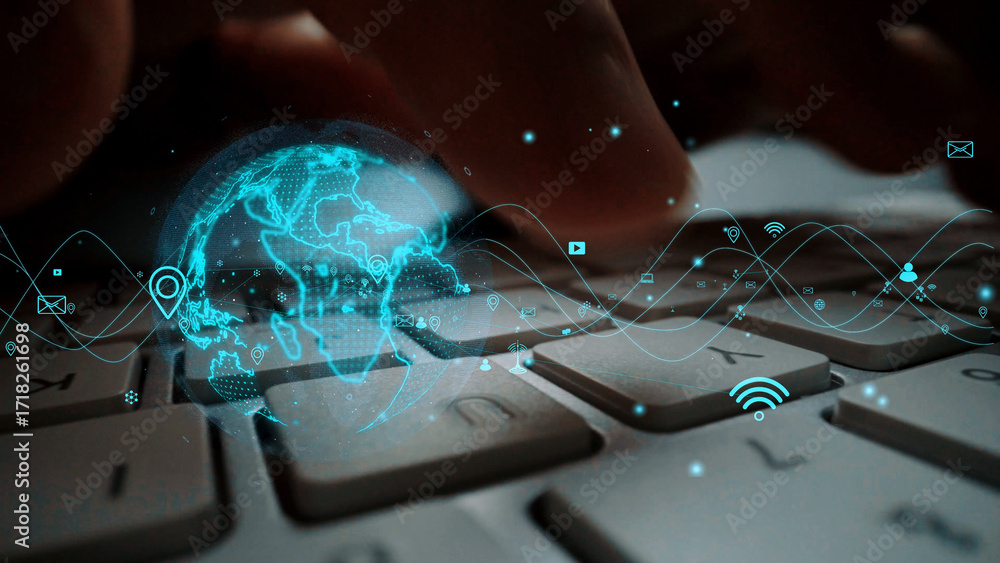 Poster a close-up of hands typing on a keyboard with a digital globe graphic. this image illustrates global