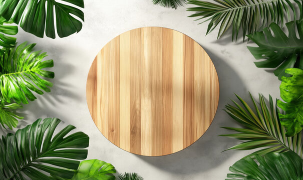 Wooden round table surrounded by tropical green leaves on light background, detailed image