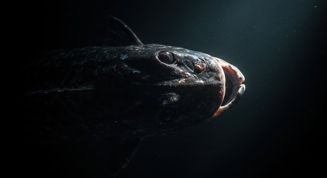 Close up of a fangtooth fish in the dark ocean depths
