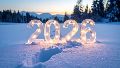 Footprints in snow leading to a glowing “2026” made of ice sculptures and fairy lights.
