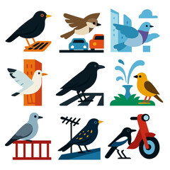 Obraz premium Urban Bird Icons. Flat vector icons of city birds: blackbird standing near drain grate, sparrow flying above traffic, pigeon