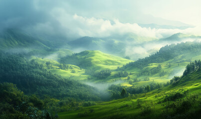 Fototapeta premium Lush green hills and misty valleys under soft sunlight in serene landscape, minimal style photo
