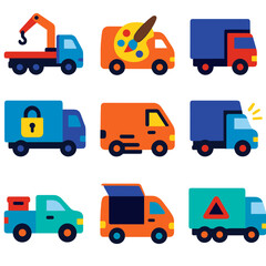 Fototapeta premium Vibrant Vehicle Icons. Flat vector icons of van, truck and lorry: lorry with open top and crane, van carrying art supplies, truck