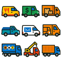 Vivid Vehicle Icons. Flat vector icons of van, truck and lorry: compact food delivery van, armored cash transport truck, moving