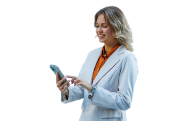 Smiling businesswoman interacting with smartphone, texting, scrolling, and using application on transparent background