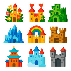 Colorful Castle Icons. Flat vector icons of castles cartoon: flower-covered castle, heart-shaped towers, jungle ruin castle.