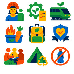 Eco Travel Icons. Flat vector icons of sustainable travel and eco tourism: local culture tour symbol, green gear checklist, eco