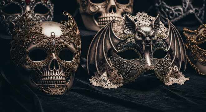 Halloween party masks, elaborate designs, gothic, venetian, skulls and vampire motifs, close-up on dark velvet background, mysterious vibe