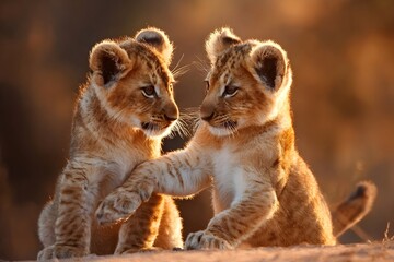 Two lion cubs play together in the warm light of the savannah, gently touching each other with curiosity. Their playful interaction highlights their soft fur and tender connection. 