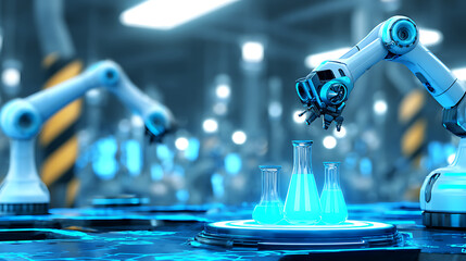Robotic arms conducting chemical experiments in a high-tech laboratory setting with glowing blue liquids and automated equipment.