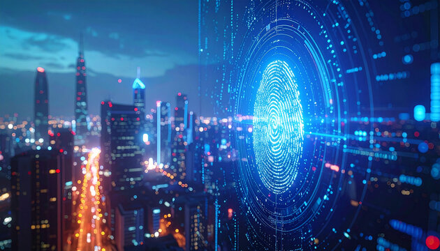 Digital Identity in the Metropolis: A futuristic cityscape blends with a glowing fingerprint, highlighting technology, security, and the convergence of digital and urban life. - Powered by Adobe