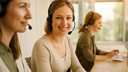 Smiling female customer service representative wearing a headset in a bright, modern call center office, ready to assist customers with positive co...