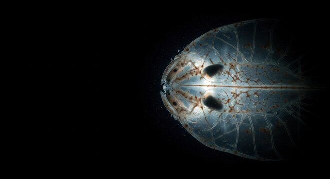 Close up of a translucent crustacean in dark environment