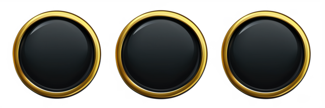 Elegant black buttons with gold borders for user interface design, isolated on transparent background