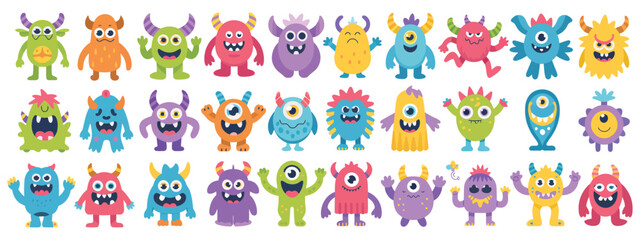 Happy Halloween Cute Monster Icon Set, Cartoon Kawaii Scary Funny Characters with Eyes, Tongue, and Hands Up, Baby Collection, Childish Style, Flat Design, White Background.