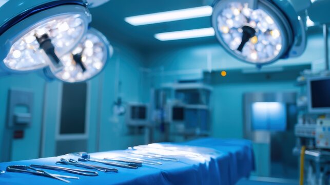 Surgical room equipped with bright operating lights, sterile instruments on a blue draped table, preparing for procedure