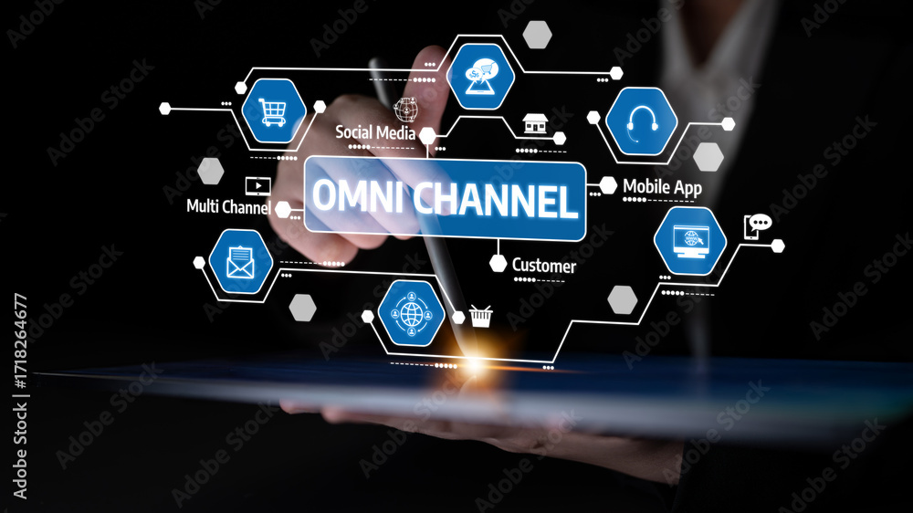 Poster this image illustrates a hand interacting with digital tools representing omni channel strategies, e