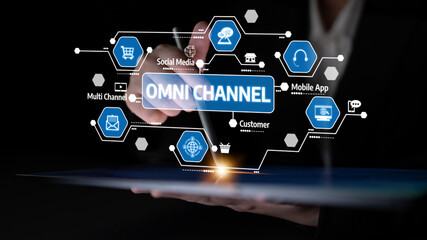 This image illustrates a hand interacting with digital tools representing omni channel strategies, emphasizing customer engagement and modern marketing dynamics. Tessel