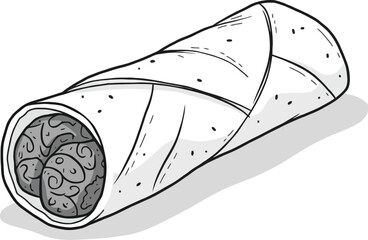 Tasty burrito wrap filled with beans and salsa, delicious Mexican food illustration


