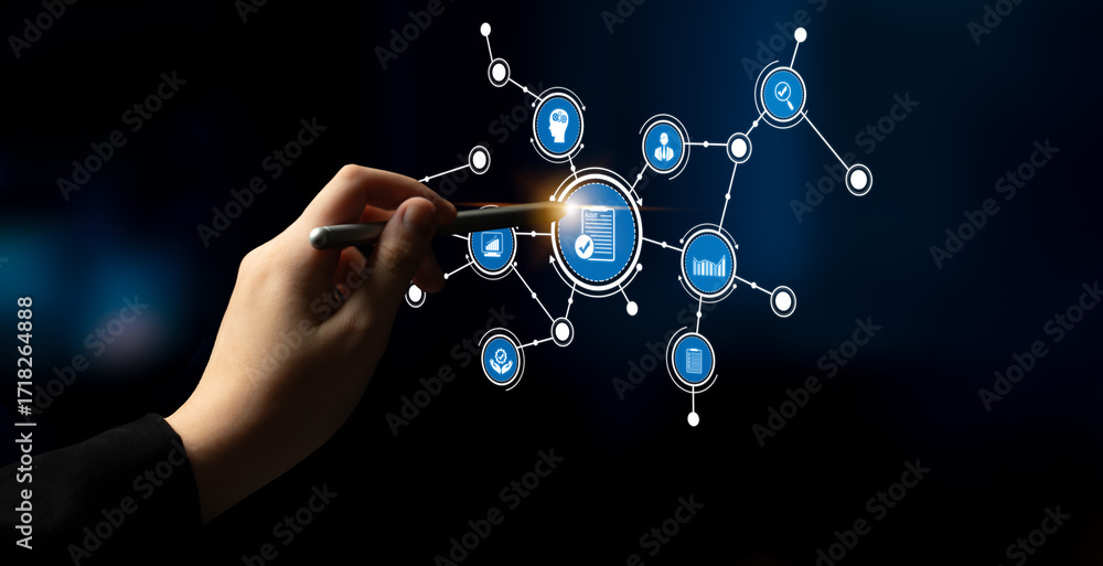 Poster a hand interacts with a glowing digital network of icons representing data analysis and technology c