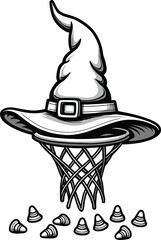 Witch hat over basketball hoop, creative spooky fantasy cartoon design


