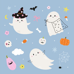 Cute Halloween Ghosts with Pumpkins and Funny Cartoon Elements on Blue Background.